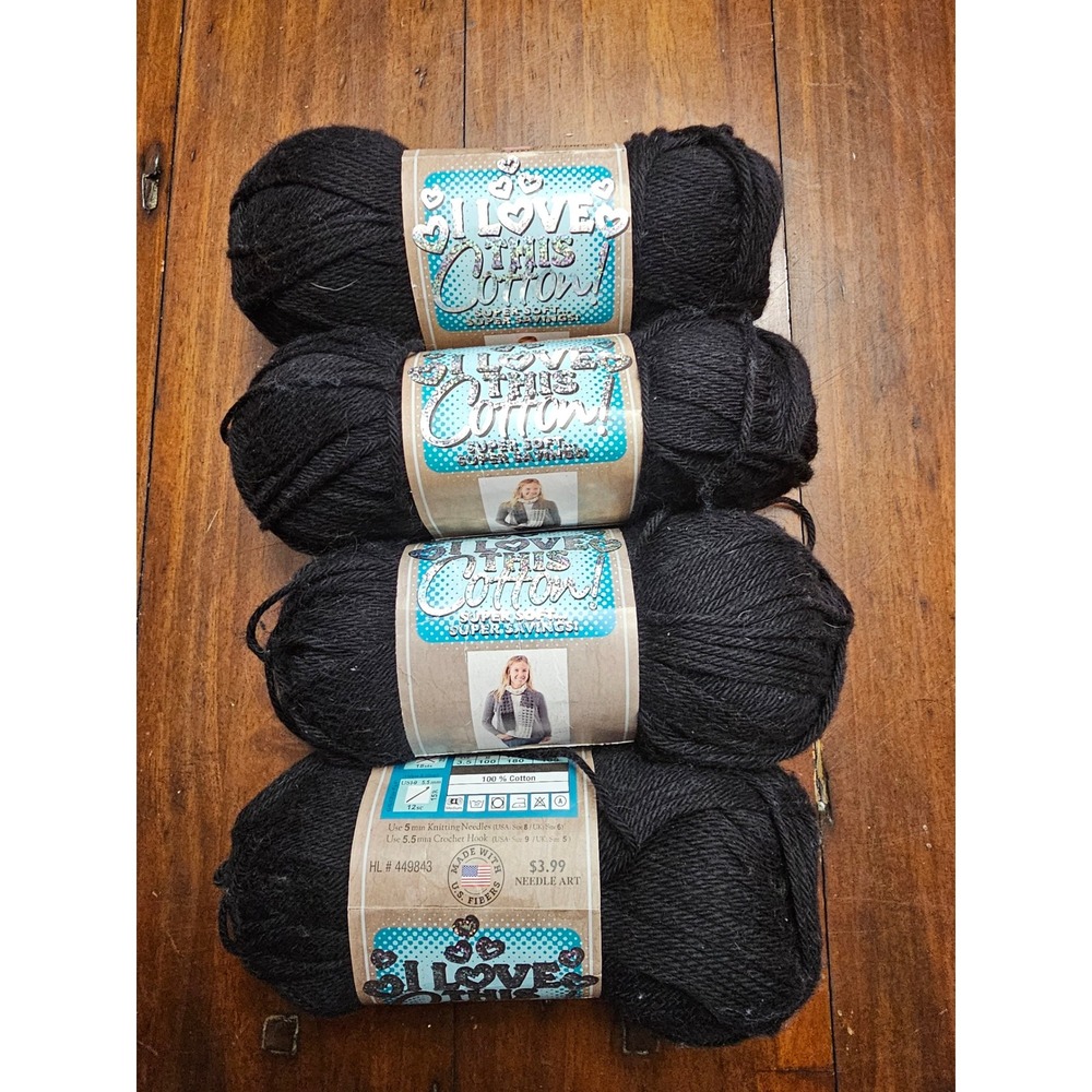 4 Skeins I Love This Cotton Yarn 2 Black 100% Cotton 180yd Each 720yd Total